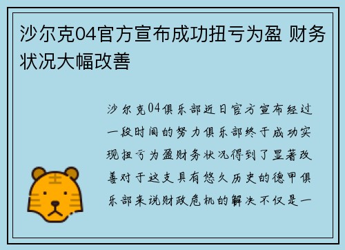 沙尔克04官方宣布成功扭亏为盈 财务状况大幅改善