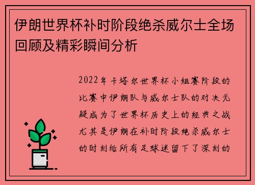 伊朗世界杯补时阶段绝杀威尔士全场回顾及精彩瞬间分析