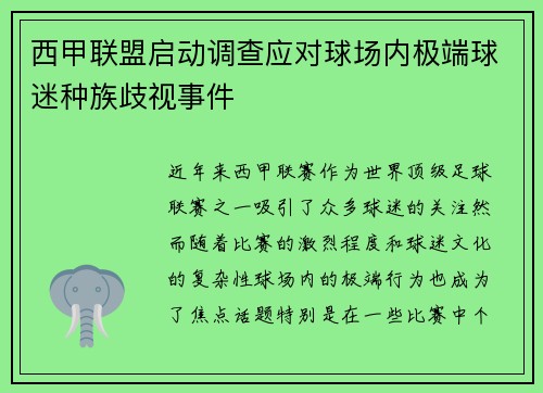 西甲联盟启动调查应对球场内极端球迷种族歧视事件 西甲联盟启动调查应对球场内极端球迷种族歧视事件